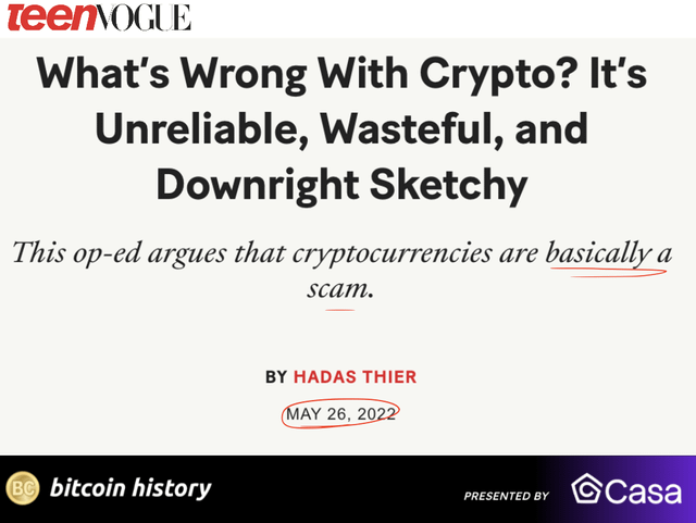 Teen Vogue FUDDing crypto exactly 2 years ago. Bitcoin has literally doubled in price since ✨