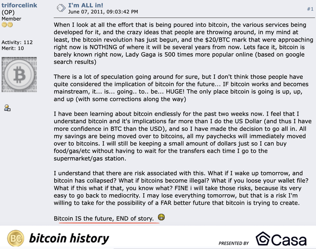 ✨ Legend going all-in on Bitcoin, exactly 13 years ago. True at $20, true today