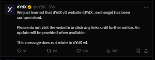 dYdX the #2 derivatives Dex has been compromised do not visit the site.