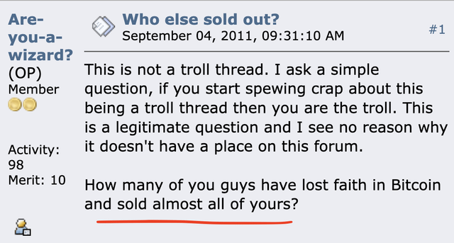 ✨ 13 years ago today, everyone who responded to this thread sold BTC below $10. There were dozens of comments